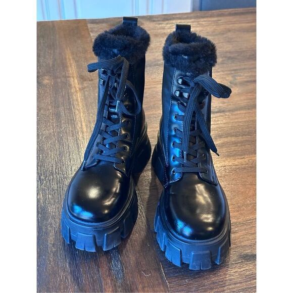 Marc Fisher Happier Leather and Faux Fur Combat Boots - Picture 1 of 10